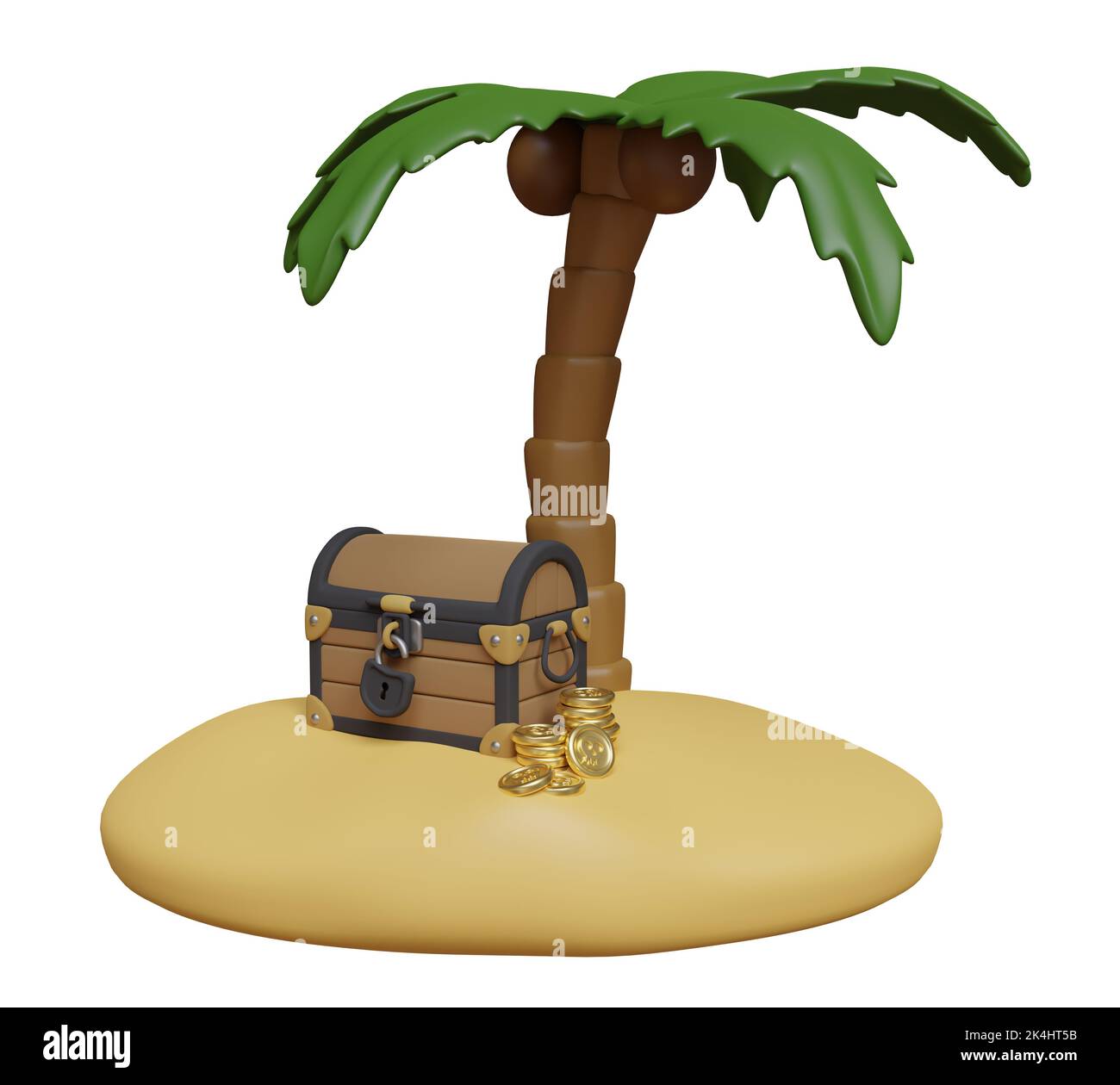 Cartoon island with palm and treasure chest, isolated on white. 3D illustration. Stock Photo