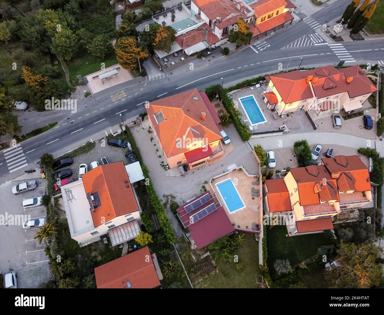 aerial drone view village at seaside with red roofs Stock Photo