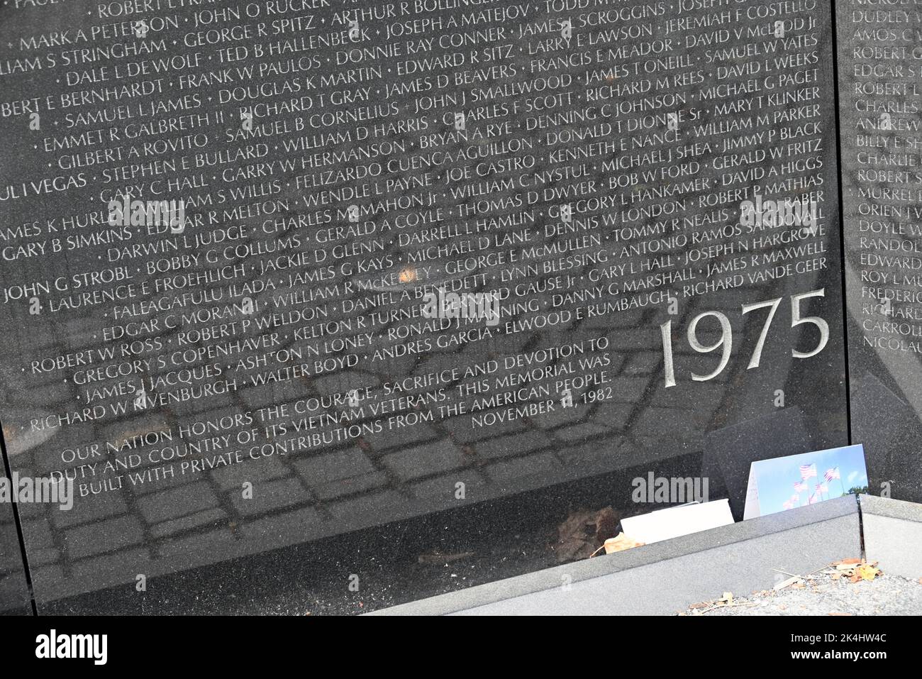 The center panel of the Vietnam Memorial Wall showing the names of the last soldiers killed during the war in 1975. Stock Photo