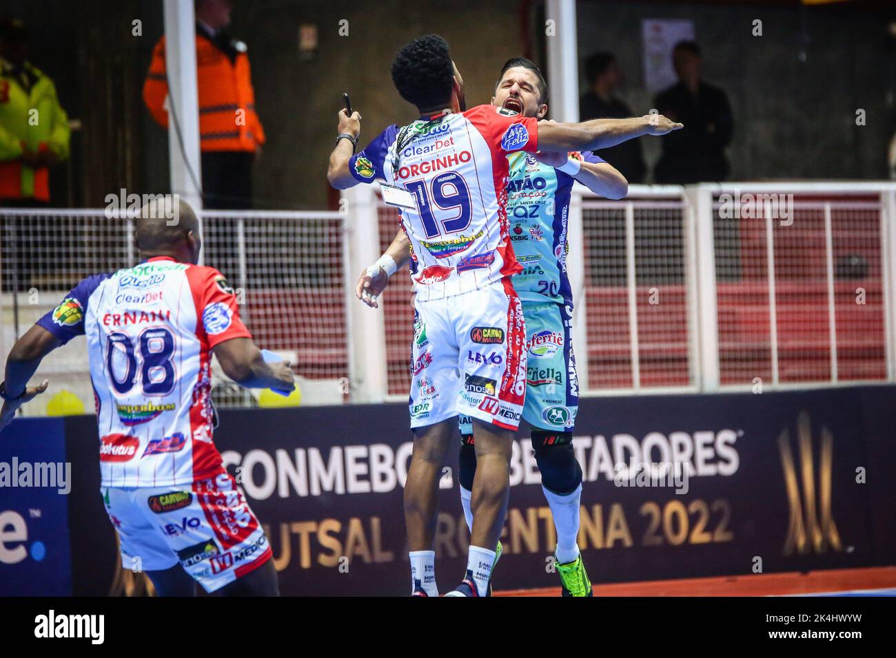 Buenos Aires, Argentina. 02nd Oct, 2022. Adriano Jose Fanti (R), Jorge Gonçalves Dias (C), and Ricardo de Oliveira Ernani (L) of Cascavel (BRA) celebrate during the match between Cascavel and Penarol as part of Libertadores Futsal 2022 - Final Match at Befol Arena.Final score: Cascavel (BRA) 3 - 1 Penarol (URU) Credit: SOPA Images Limited/Alamy Live News Stock Photo