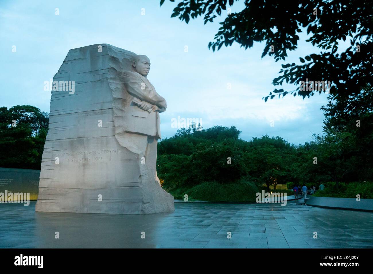 The Martin Luther King, Jr. Memorial is a national memorial located in West Potomac Park next to the National Mall in Washington, D.C., United States. It covers four acres  and includes the Stone of Hope, a granite statue of Civil Rights Movement leader Martin Luther King Jr. carved by sculptor Lei Yixin. The inspiration for the memorial design is a line from King's 'I Have a Dream' speech: 'Out of the mountain of despair, a stone of hope.' The memorial opened to the public on August 22, 2011, after more than two decades of planning, fund-raising, and construction. Stock Photo