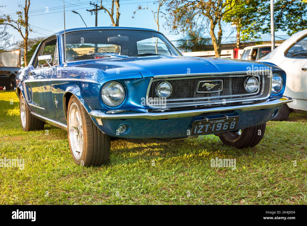 Vehicle Ford Mustang 1968 on display at vintage car show. Hardtop, a true muscle car. Stock Photo