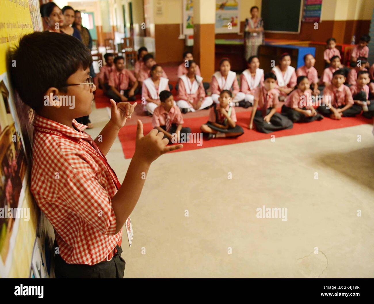 Students of Ferando School for Speech & Hearing participate at a competition on sign languages on the occasion of International Day of Sign Languages, at a school in Agartala. Tripura, India. Stock Photo