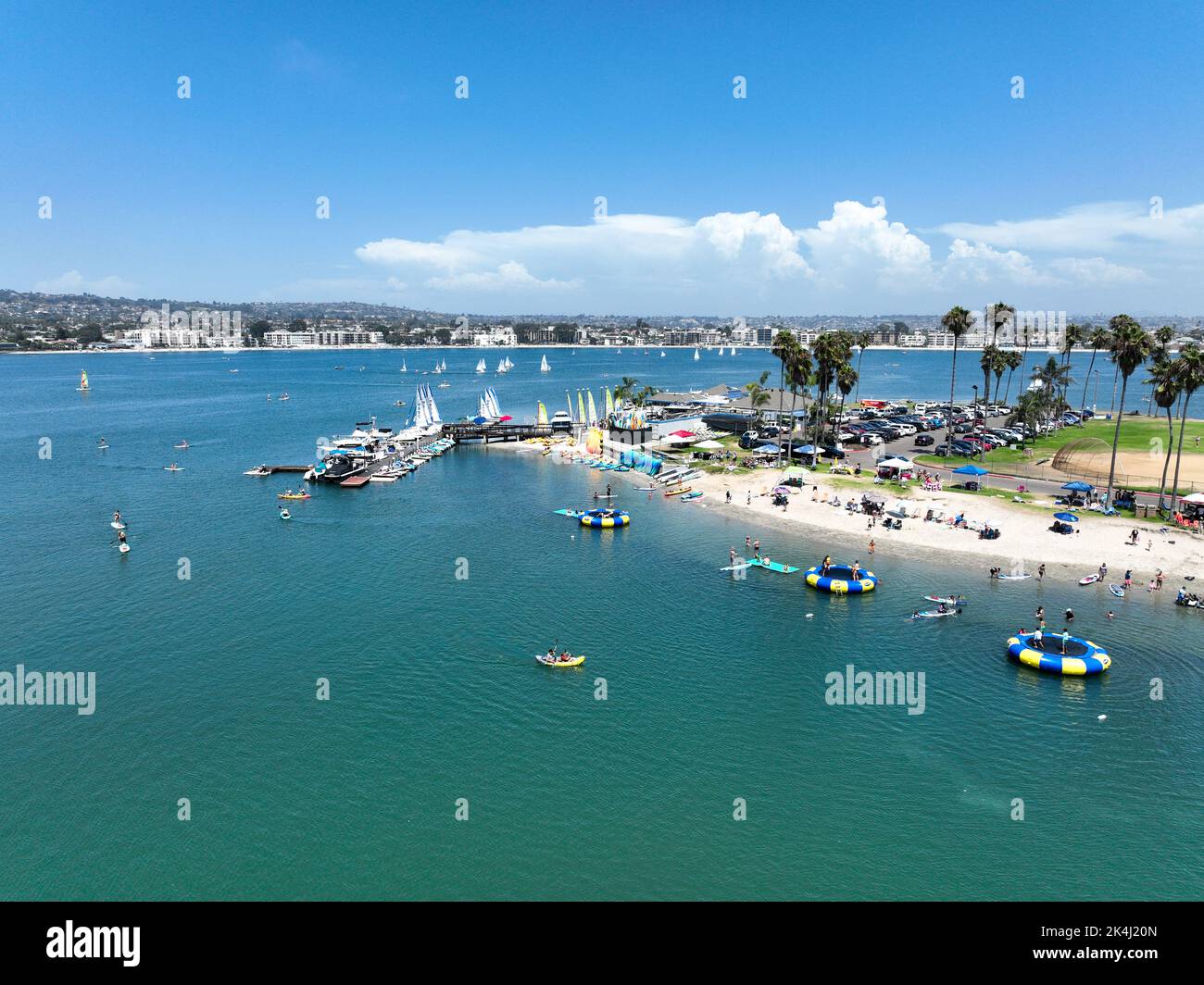 Aerial view of boats and kayaks in Mission Bay water sports zone in San