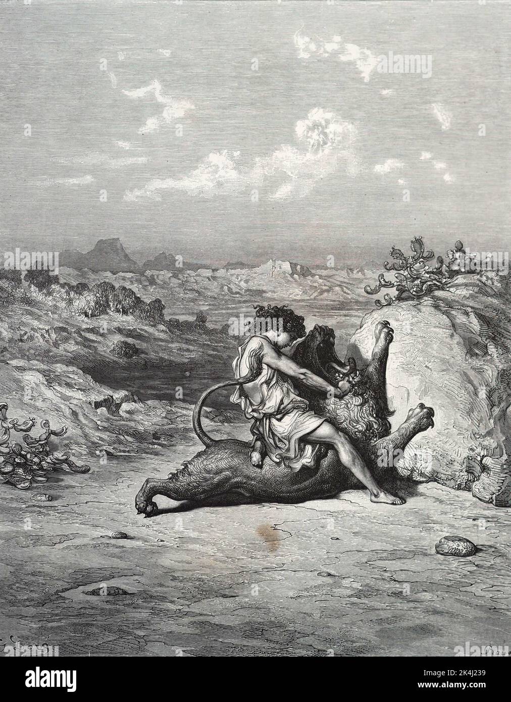 Samson kills a lion. Illustration by Gustave Dore from the