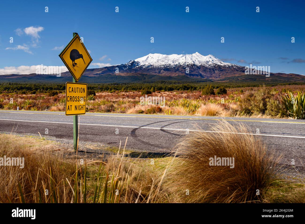 Road sign Kiwi crossing in Tongariro National Park, New Zealand Stock Photo