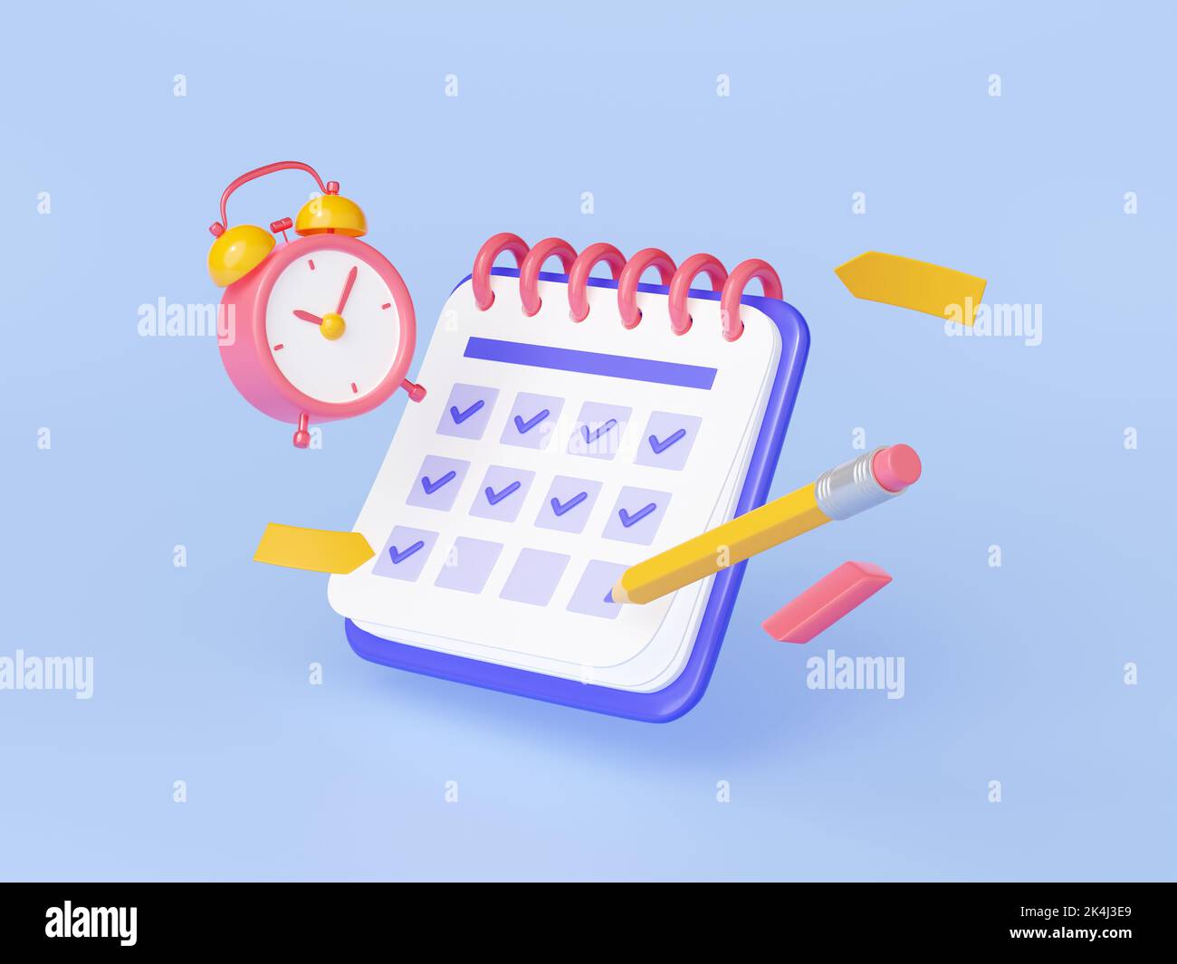 Daily planner, calendar with checklist, pencil, alarm clock and sticky