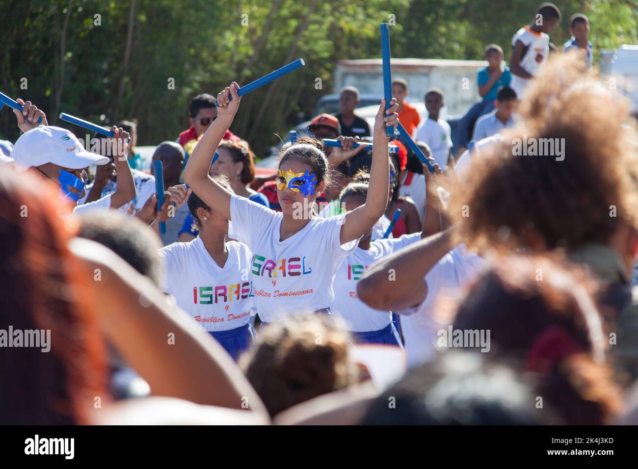 Higüey, La Altagracia, March 8, 2014: Female participants from Israel in the Punta Cana Carnival parade Stock Photo