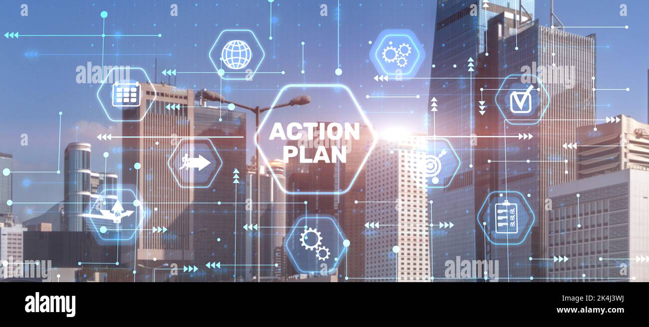 Action plan on city background. Algorithm and strategy development ...