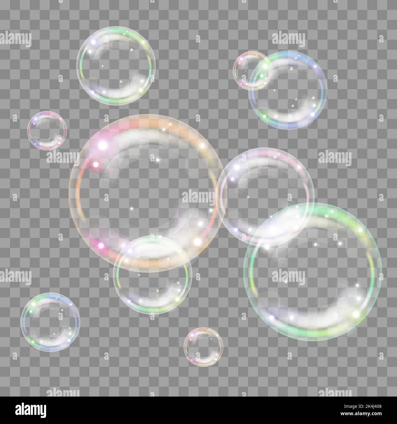 Colorful realistic bubbles on transparent background. Bright shiny multicolor foam bubbles