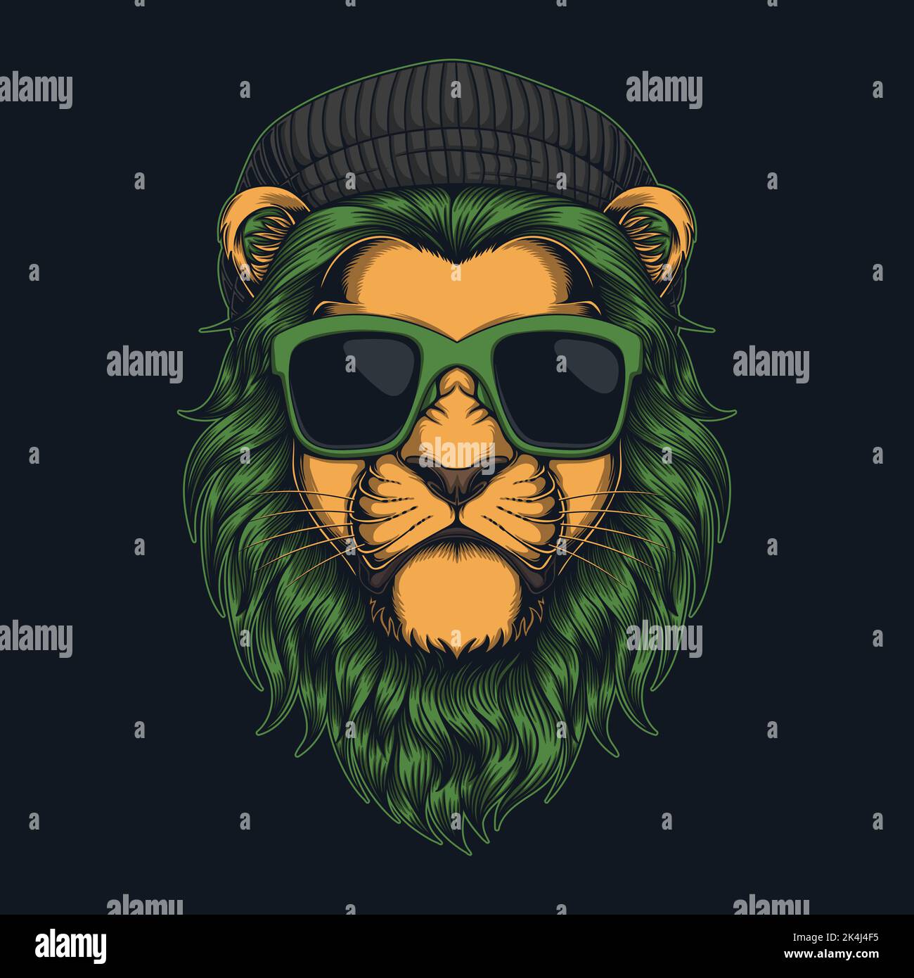 Lion fur green wearing beanie hat and glasses vector illustration Stock ...