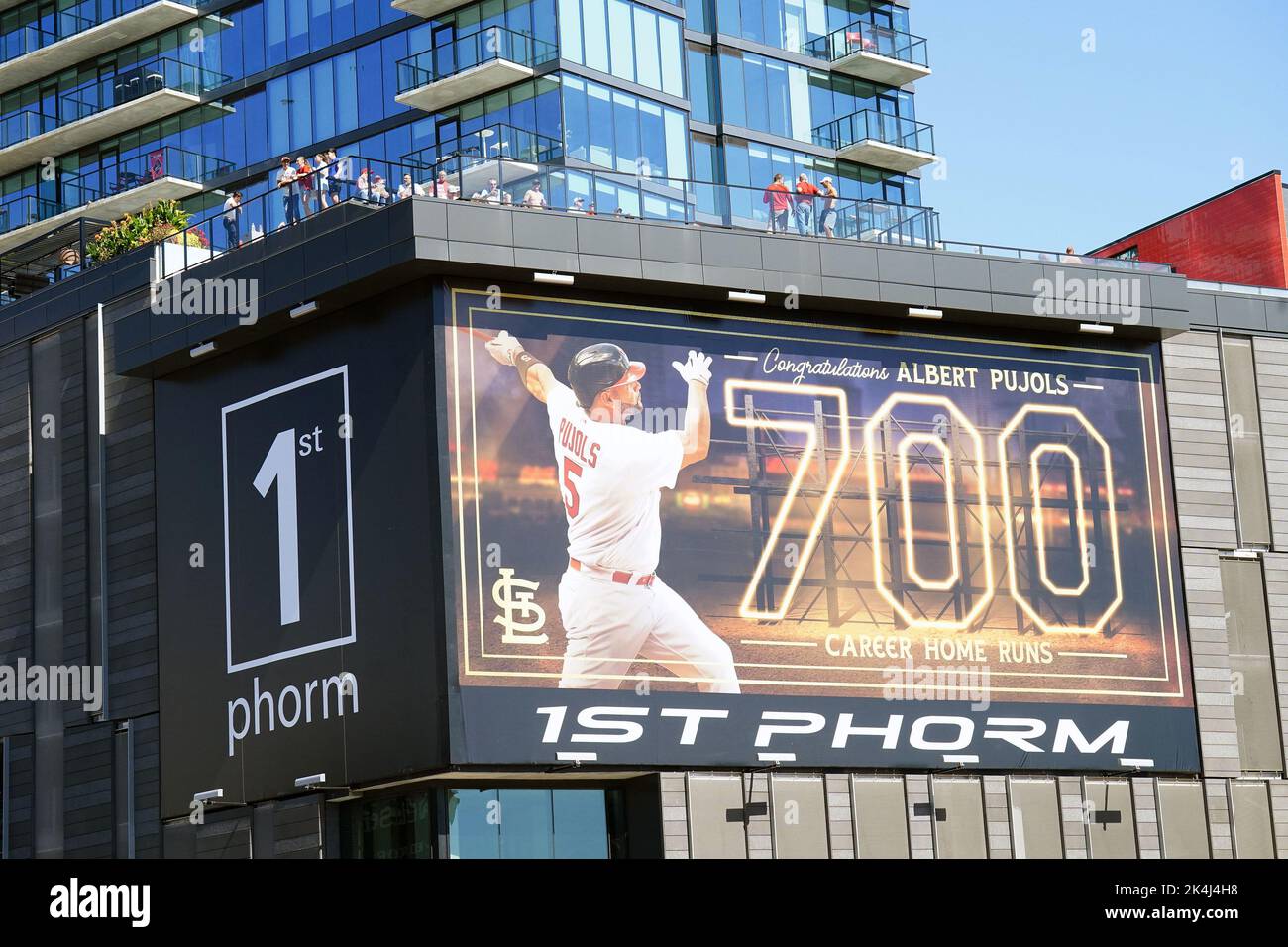 St. Louis, United States. 02nd Oct, 2022. A large poster promotes the accomplishment of St. Louis Cardinals Albert Pujols 700 career home runs on an apartment building across from Busch Stadium, during a game against the Pittsburgh Pirates in St. Louis on Sunday, October 2, 2022. Photo by Bill Greenblatt/UPI Credit: UPI/Alamy Live News Stock Photo