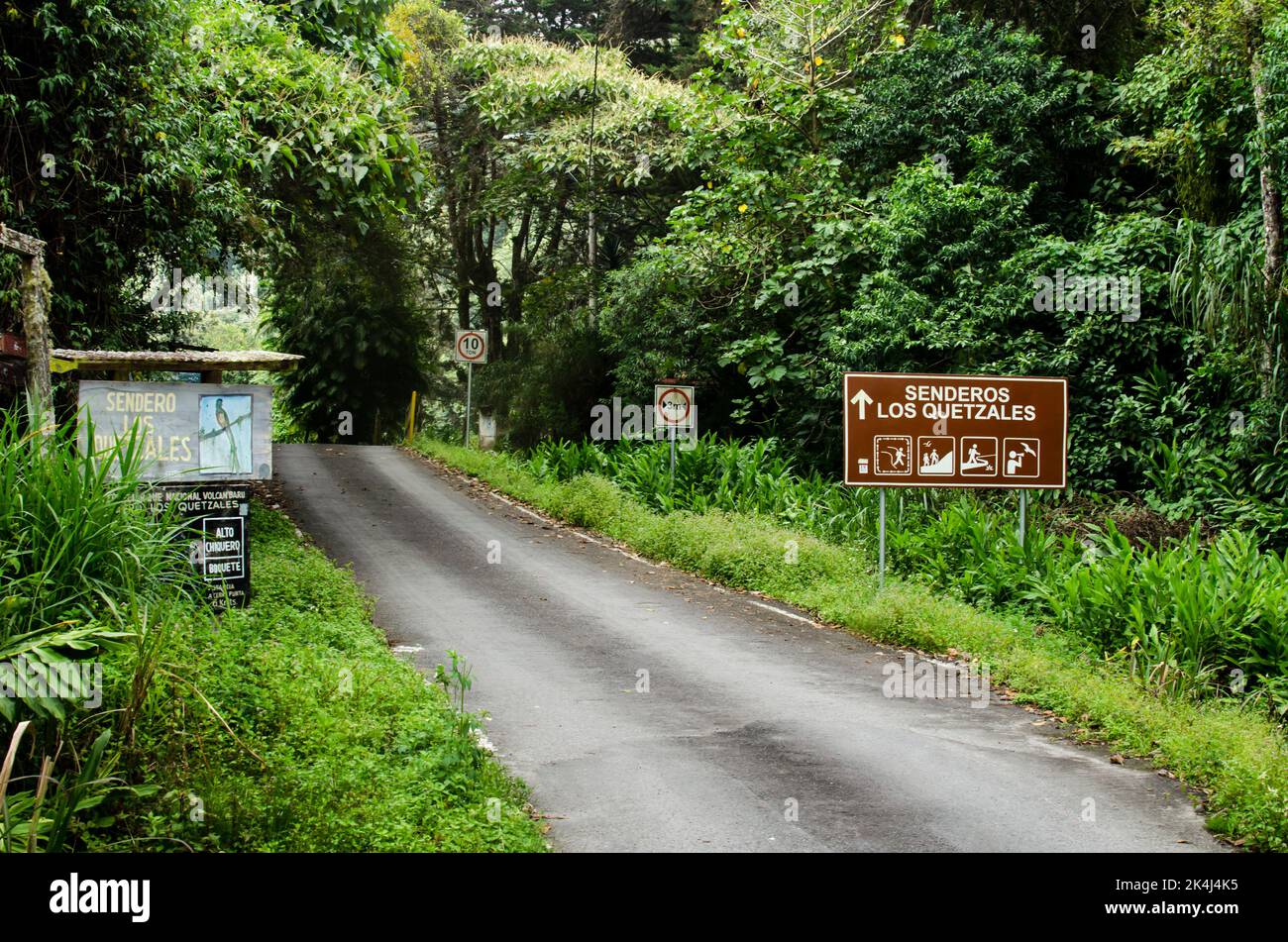 A sign welcome to Los Quetzales Trail in Boquete, Chiriqui Stock Photo