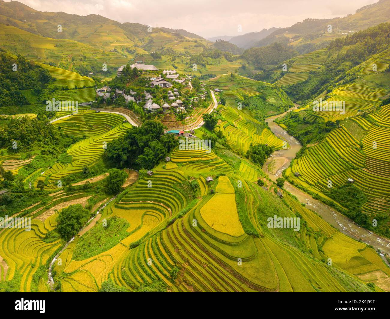 Aerial view of golden rice terraces at Mu cang chai town near Sapa city ...