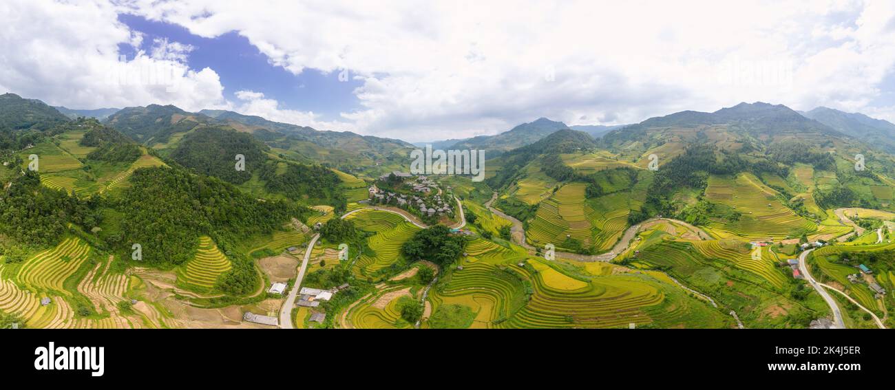 Aerial view of golden rice terraces at Mu cang chai town near Sapa city ...