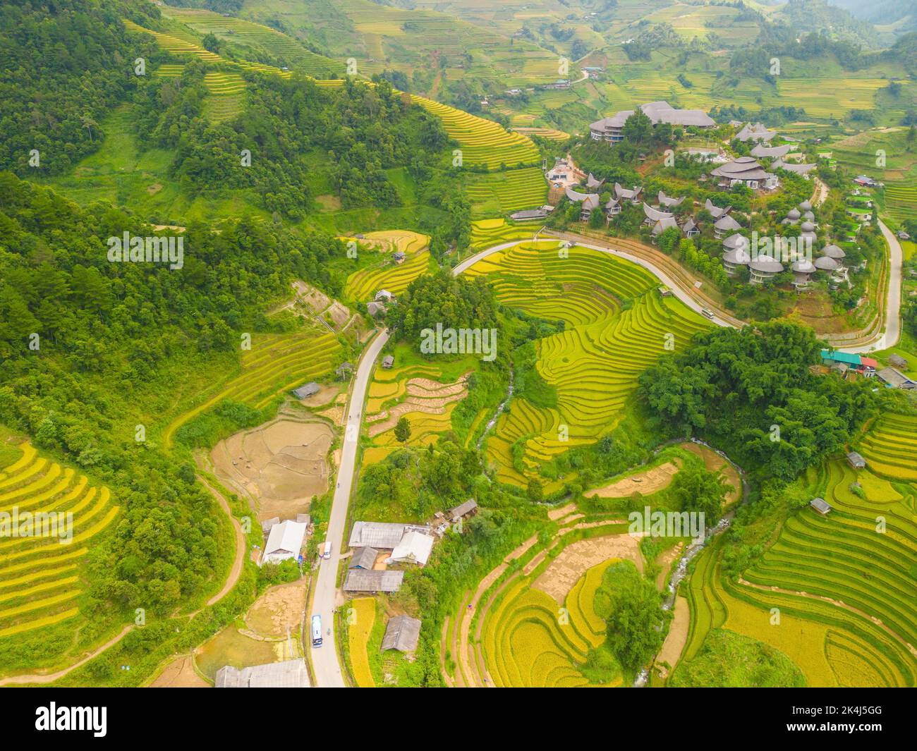 Aerial view of golden rice terraces at Mu cang chai town near Sapa city ...