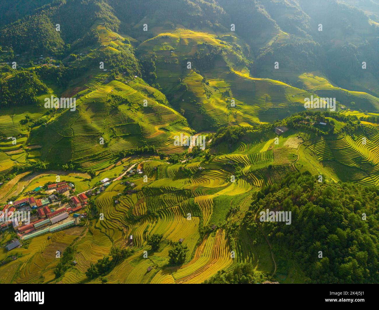 Aerial view of golden rice terraces at Mu cang chai town near Sapa city ...