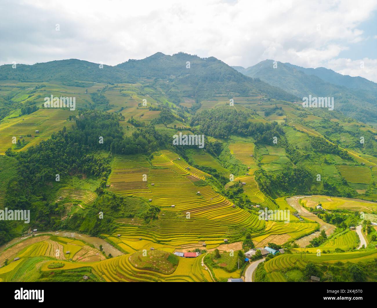 Aerial view of golden rice terraces at Mu cang chai town near Sapa city ...