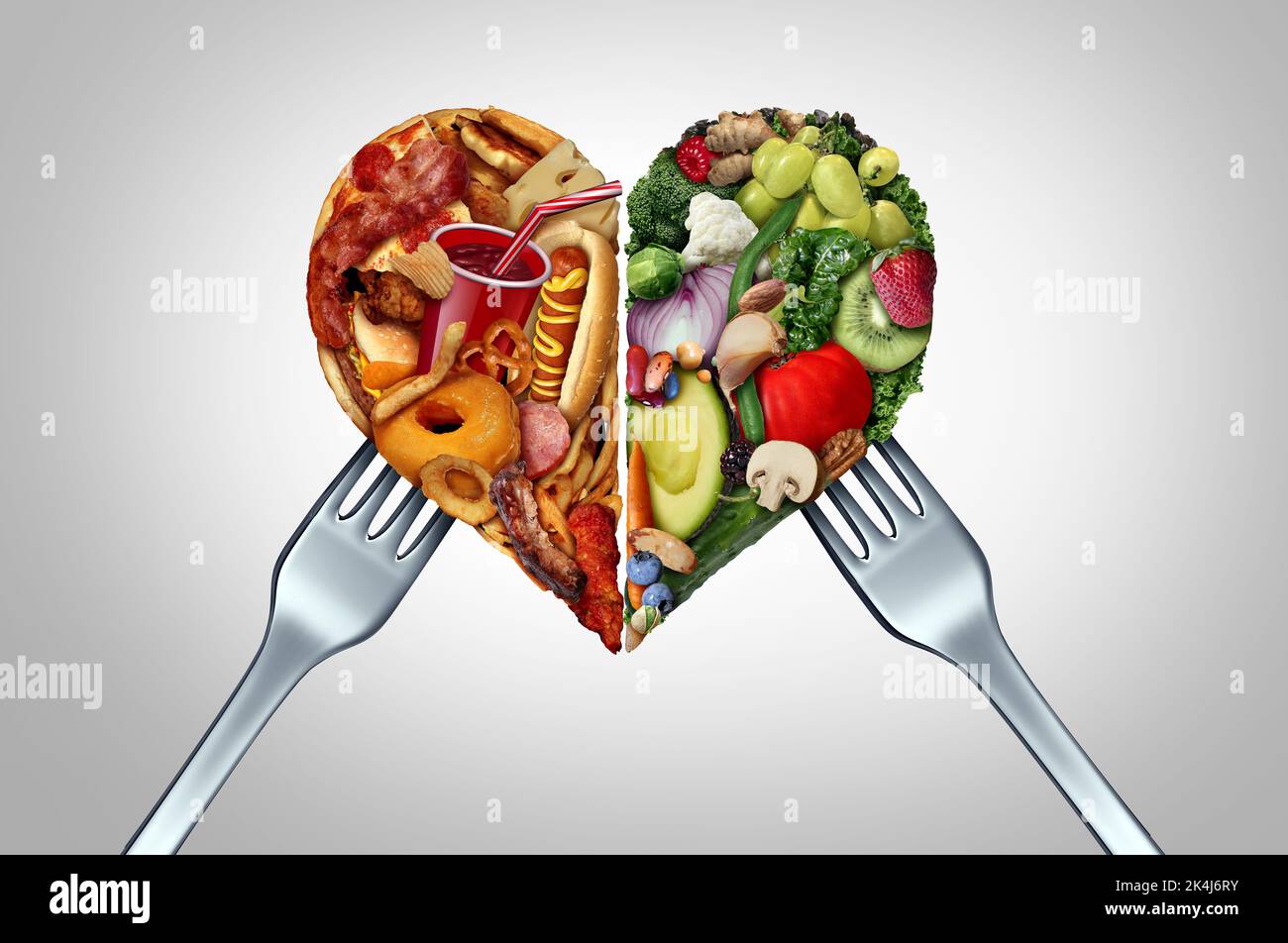 Unhealthy And Healthy Food Choice and diet decision concept or nutrition choices dilemma between good fresh fruit and vegetables with a dinner fork. Stock Photo