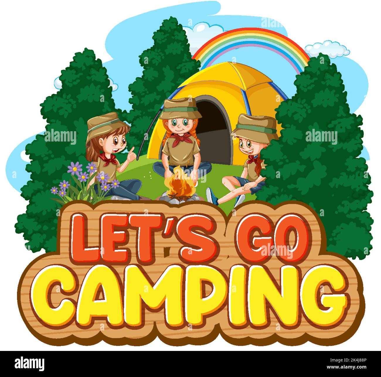 Camping Kids And Text Design For Word Lets Go Camping Illustration
