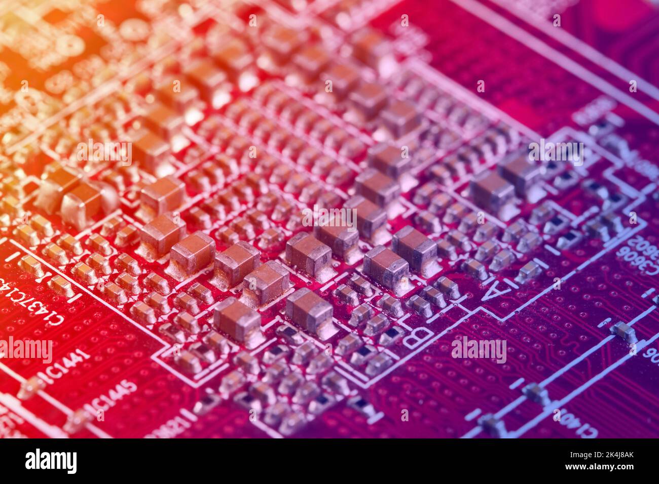 Resistors, capacitors, transistors on an electronic computer printed