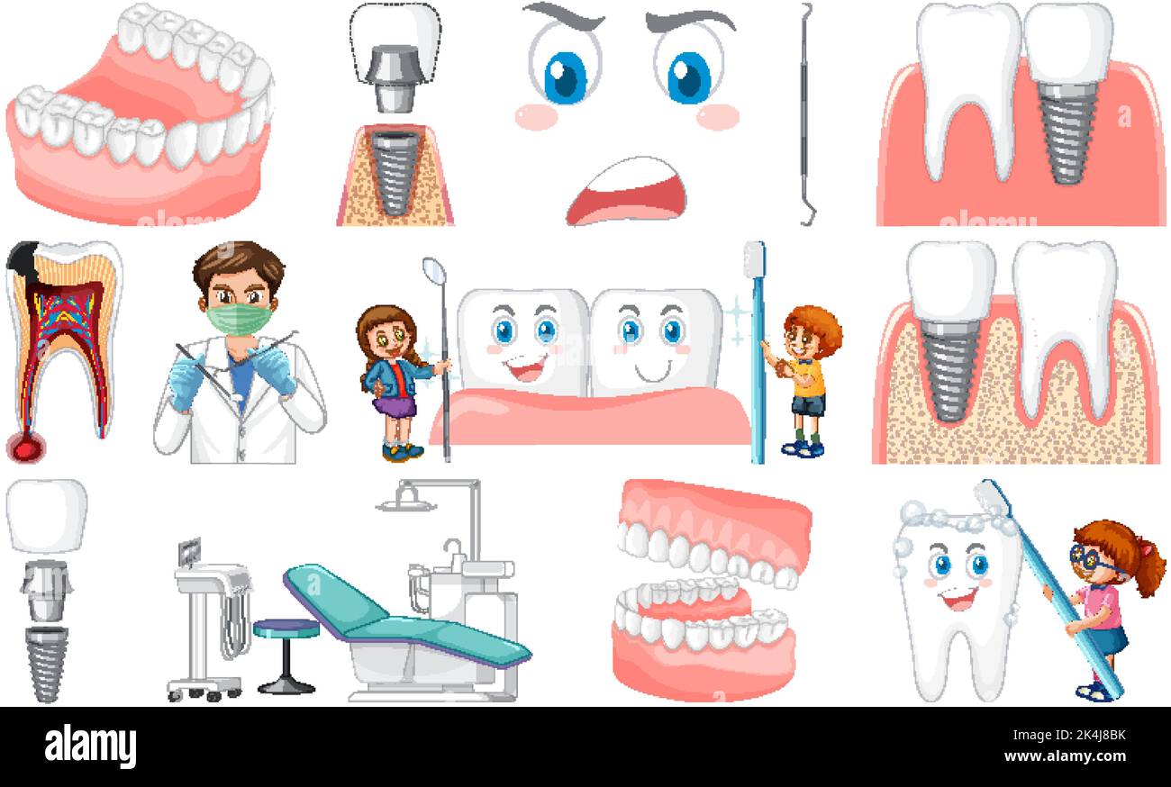 Set of dental equipments and cartoon characters illustration Stock ...