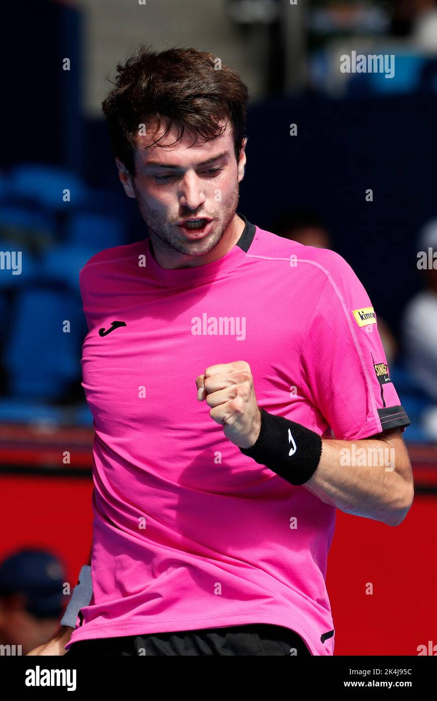 Tokyo, Japan. 3rd Oct, 2022. Pedro MARTINEZ (ESP) reacts during his Singles  1st round match against Alexei POPYRIN (AUS) at the Rakuten Japan Open  Tennis Championships 2022 at Ariake Coliseum. The tournament