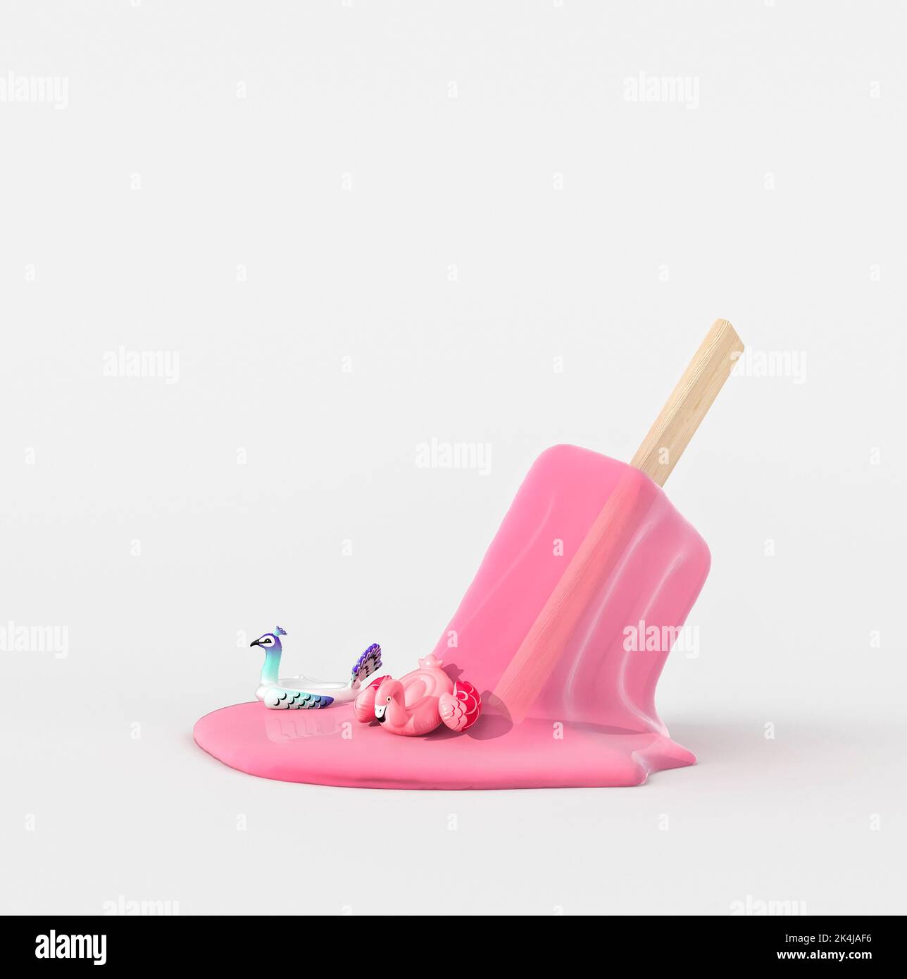 Ice cream melting puddle on white background with giant pink flamingo and peacock floating, empty space on top, summer concept, 3d rendering, 3d illus Stock Photo