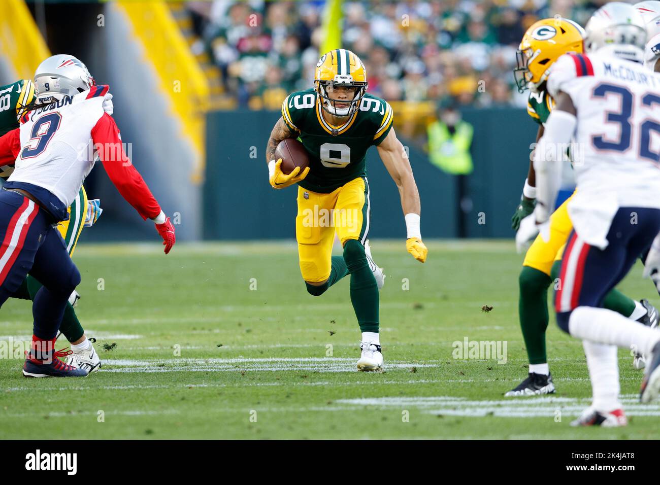 Green Bay, Wisconsin, USA. 2nd Oct, 2022. Green Bay Packers wide receiver  Christian Watson (9) warming up before the NFL football game between the  New England Patriots and the Green Bay Packers