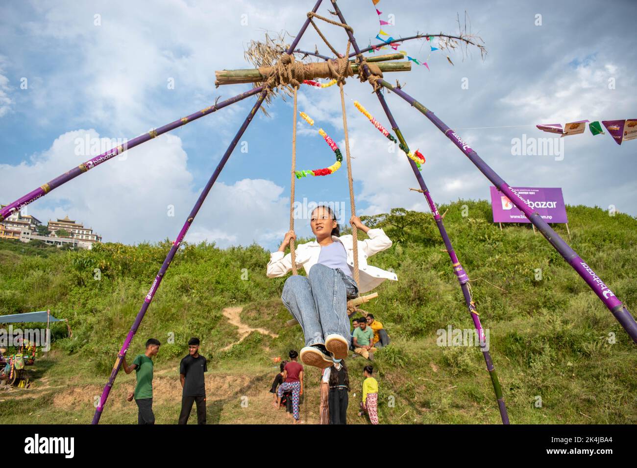 Lalitpur, Nepal. 02nd Oct, 2022. Dashain Festival features a traditional bamboo swing. (Photo by Bikesh Shakya/Pacific Press) Credit: Pacific Press Media Production Corp./Alamy Live News Stock Photo