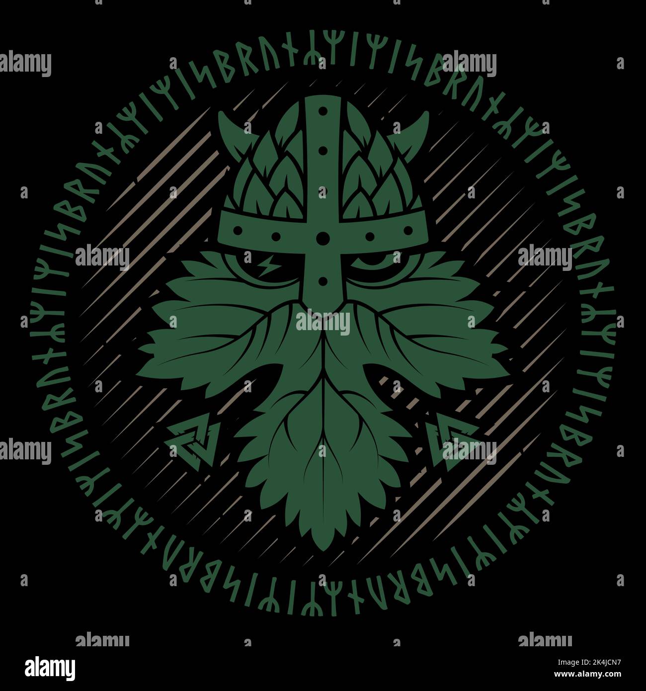 Design in Old Norse style. Viking drawn in the form of a leaf and a hop ...