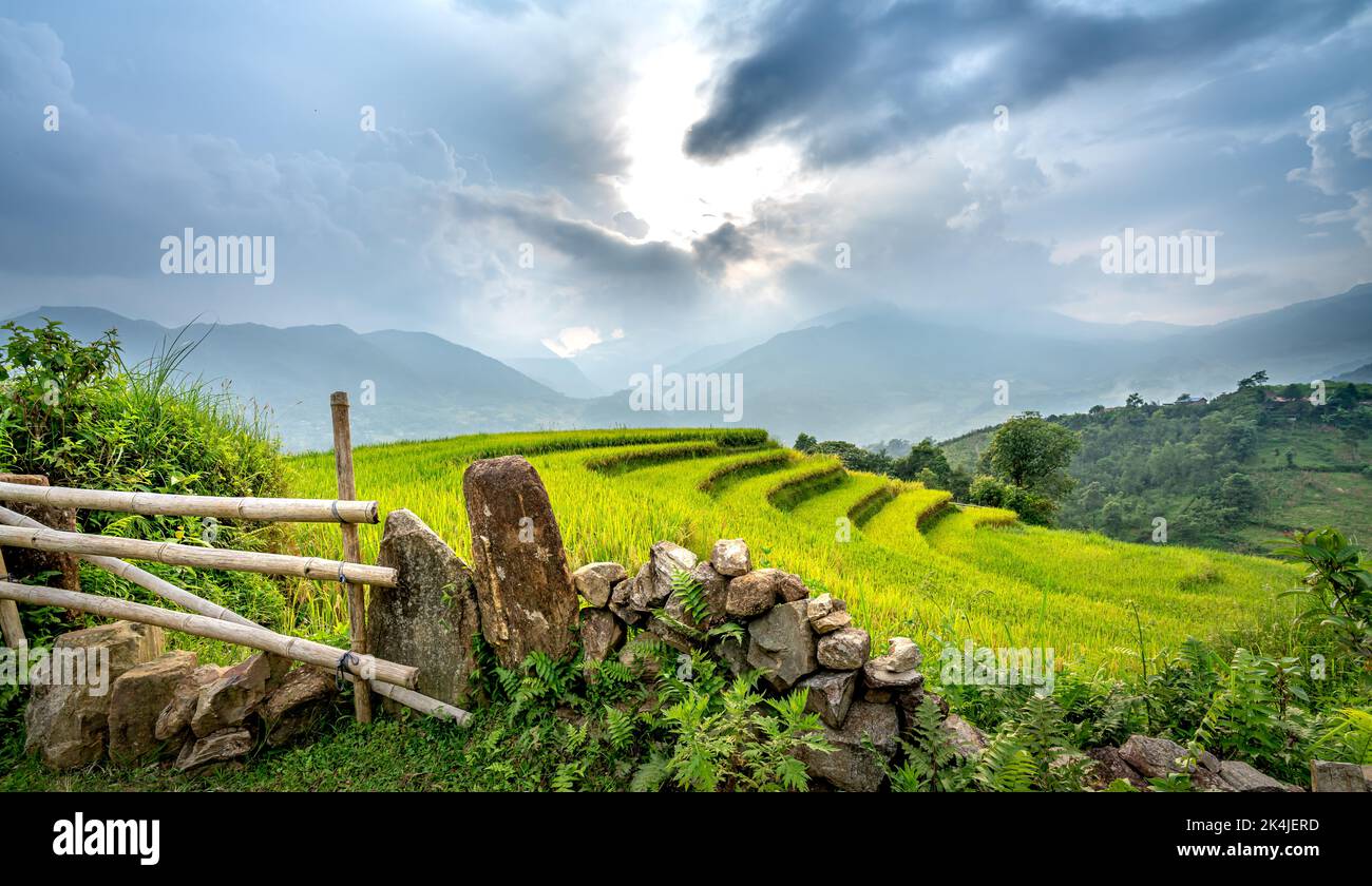 Admire stone fences and rice terraces in the northwestern mountains of Vietnam Stock Photo
