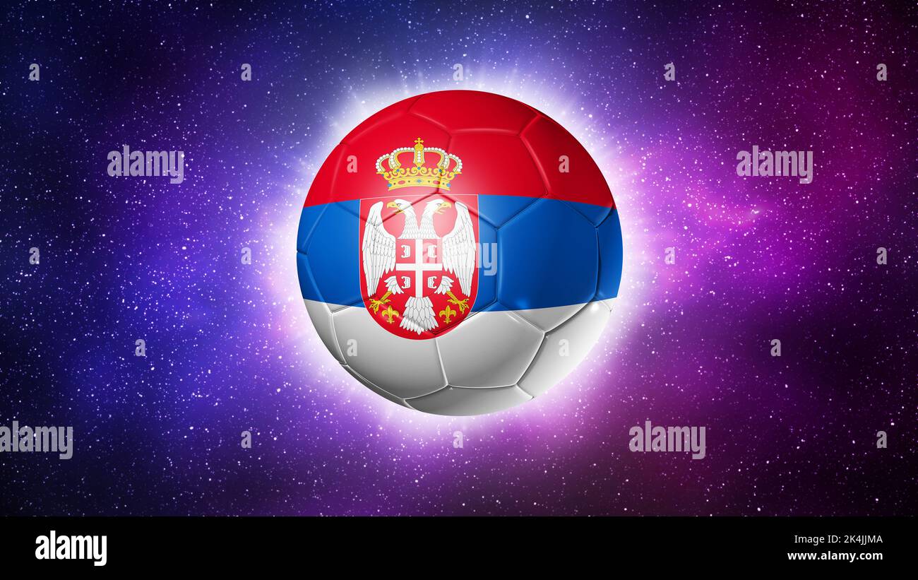 3D soccer ball with Serbia team flag. Space background. Football 2022