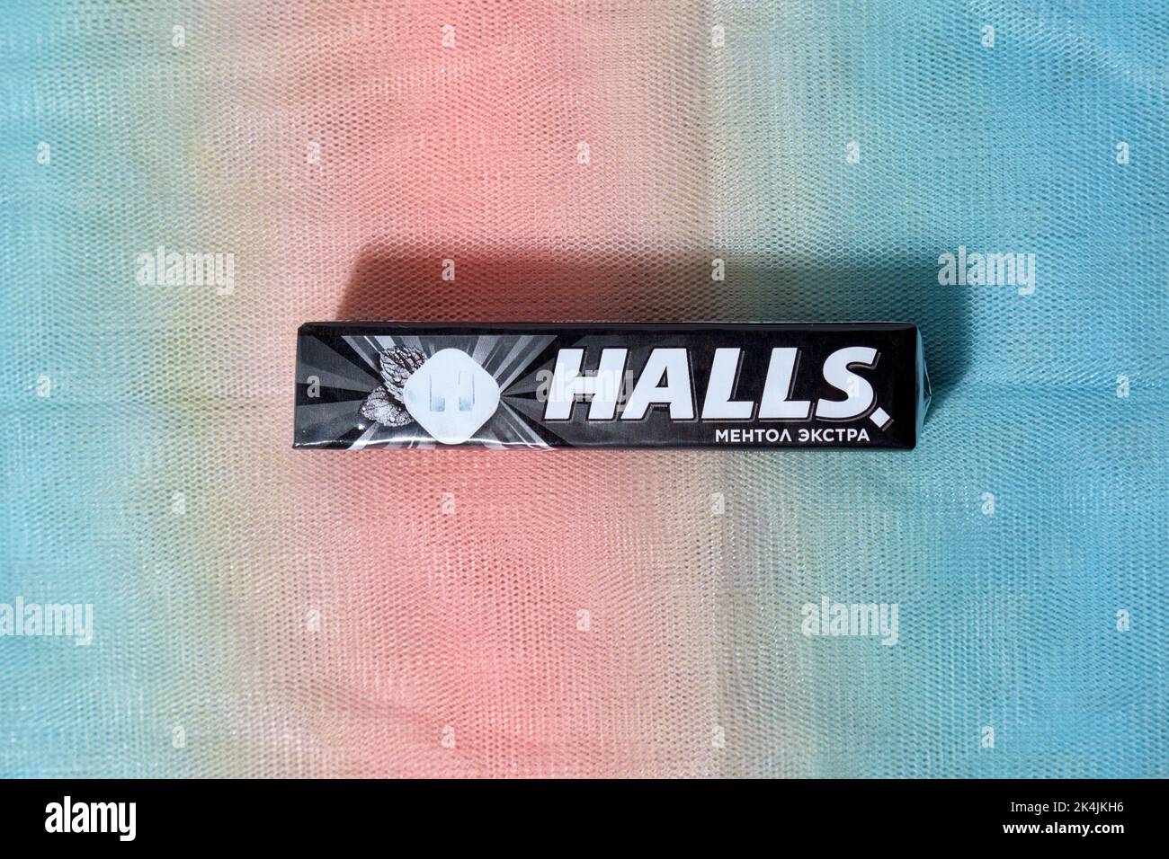 Tyumen, RussiaSeptember 27, 2022 Halls candy. Manufactured by a Mondelez International company