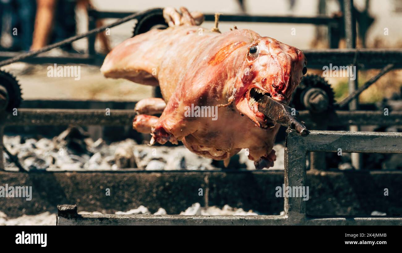 Spit roasting lamb on traditional outdoor festival, selective focus Stock Photo