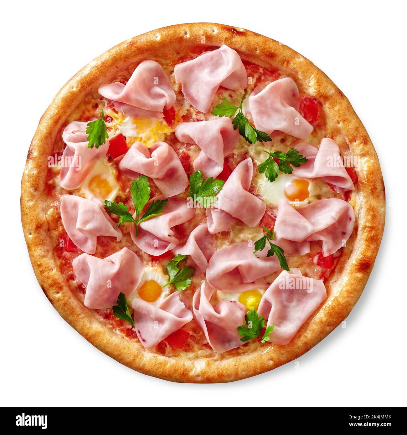 Pizza with ham, quail eggs, tomato pelati sauce, mozzarella and greens