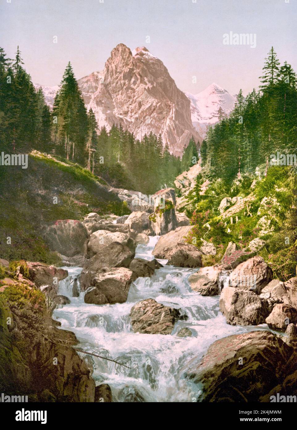 Reichenbach Falls, Wellhorn and Wetterhorn, Bernese Oberland, Switzerland 1890. Stock Photo