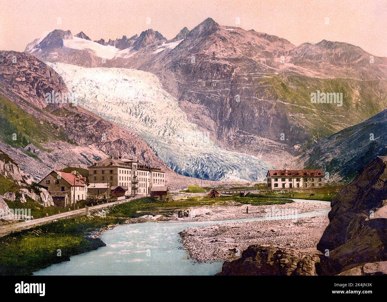 Rhône Glacier and Glacier Hotel, Furka Pass, Valais, Switzerland 1890. Stock Photo