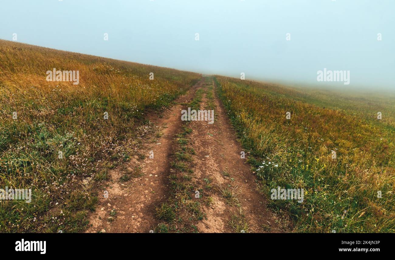 Empty dirt road through Zlatibor hills and meadow in diminishing perspective disappearing into fog, low angle view Stock Photo