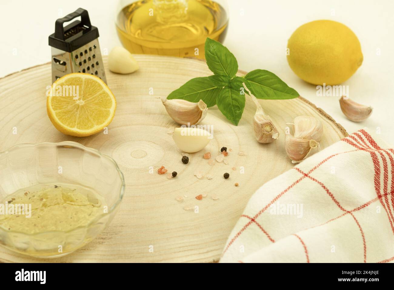 Fresh garlic and spices, sauce preparation process. Background with