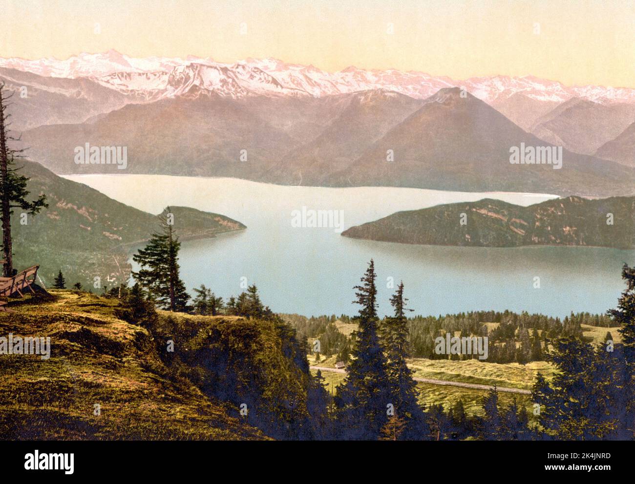 View of Vitznau and the Alps, Rigi Rothorn, Lucerne, Switzerland 1890. Stock Photo