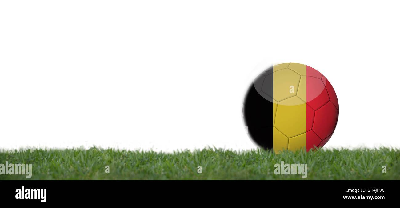 Soccer ball with belgium flag on grass, copy space with white background. Stock Photo