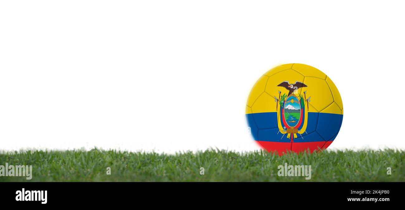Soccer ball with ecuador flag on grass, copy space with white background. Stock Photo