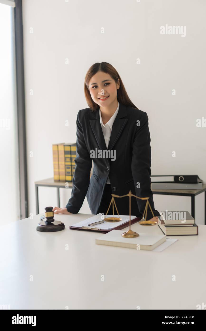 Legal and justice concept, Confident female lawyer standing and smiling