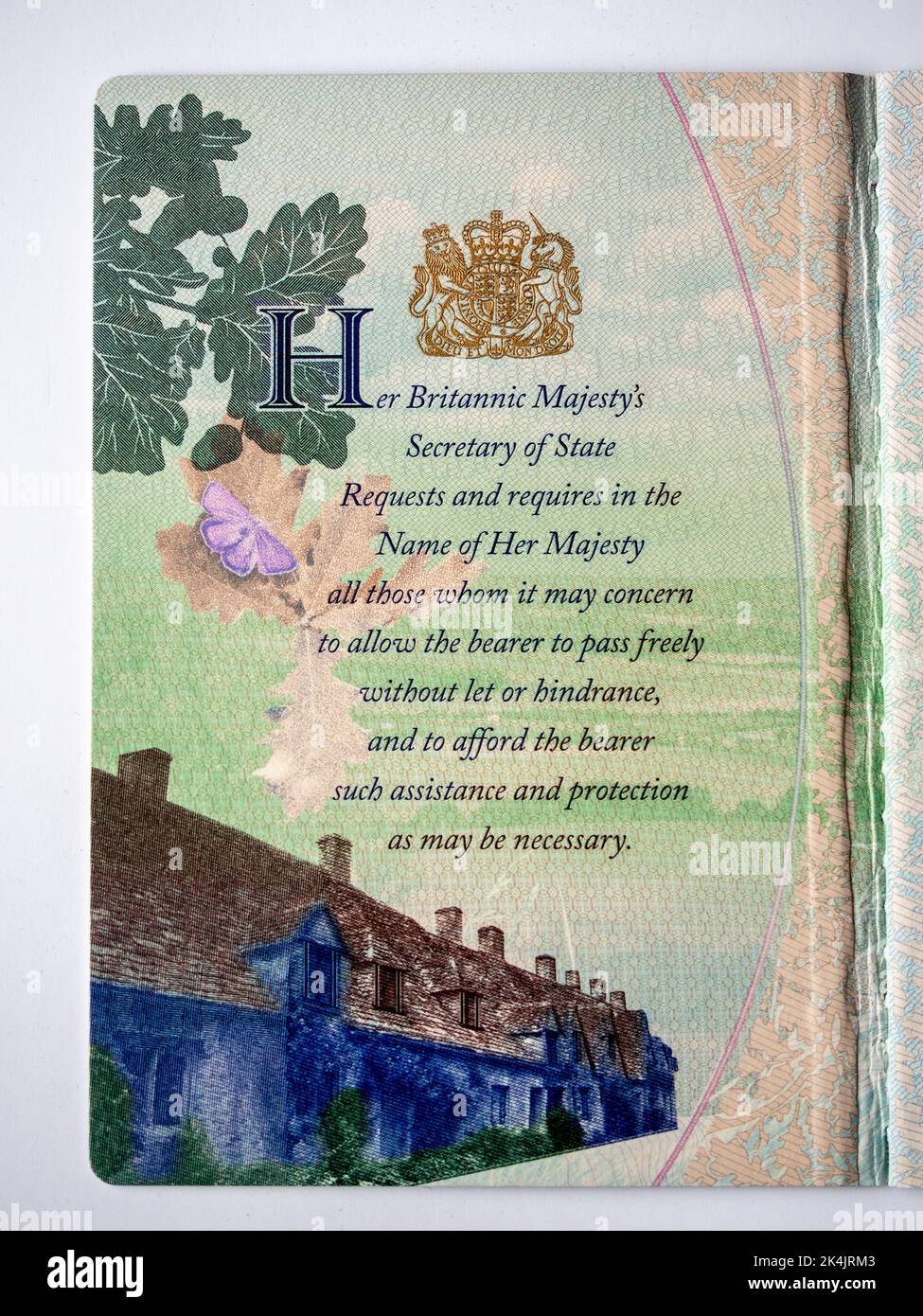 The inside cover of a British Passport referencing Her Britannic Majesty; one of the many documents that require amendment following her death. Stock Photo
