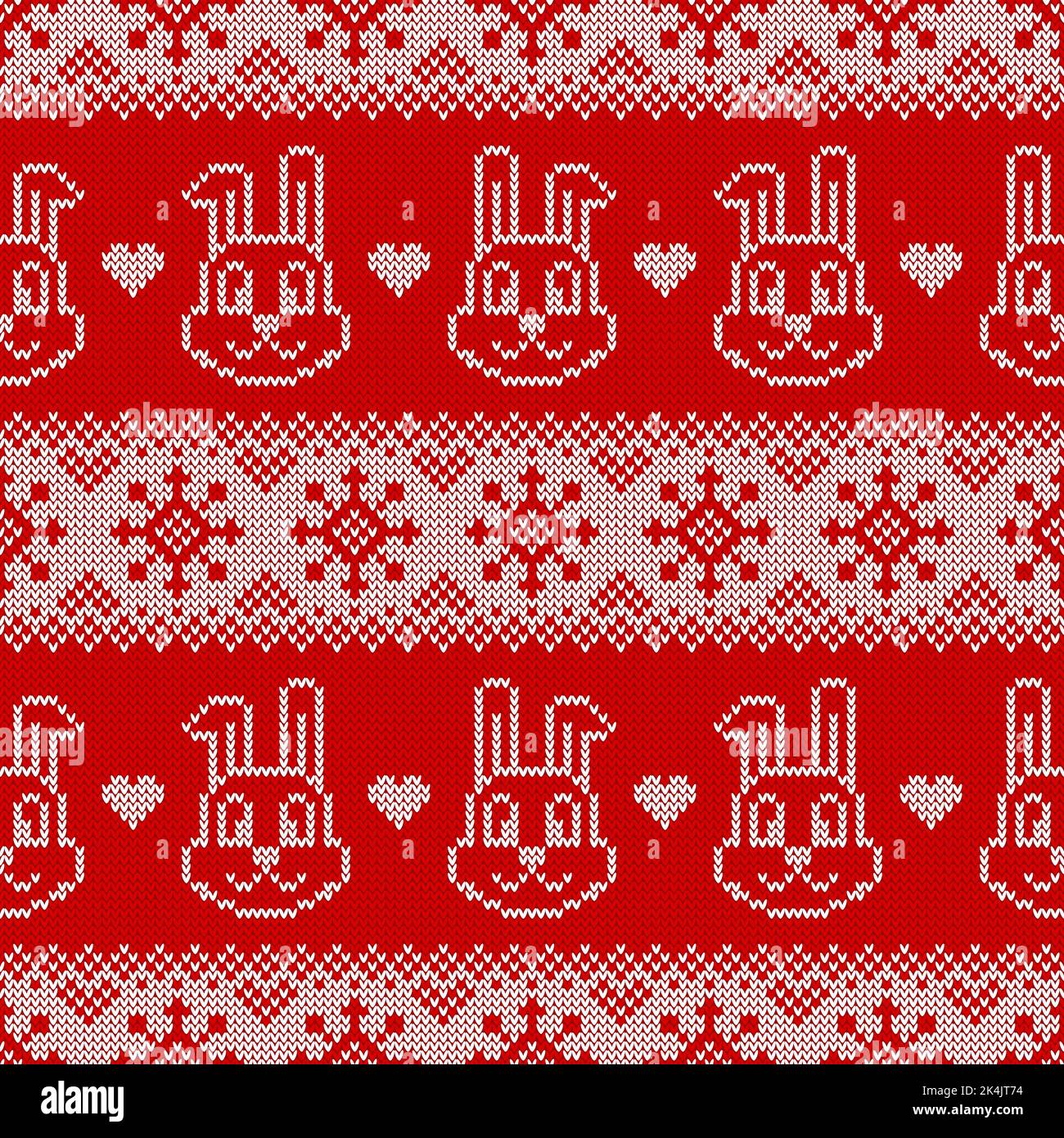 Knitted seamless pattern for 2023 new year of the rabbit. Vector background with cute bunnies, snowflakes and scandinavian ornaments. Stock Vector