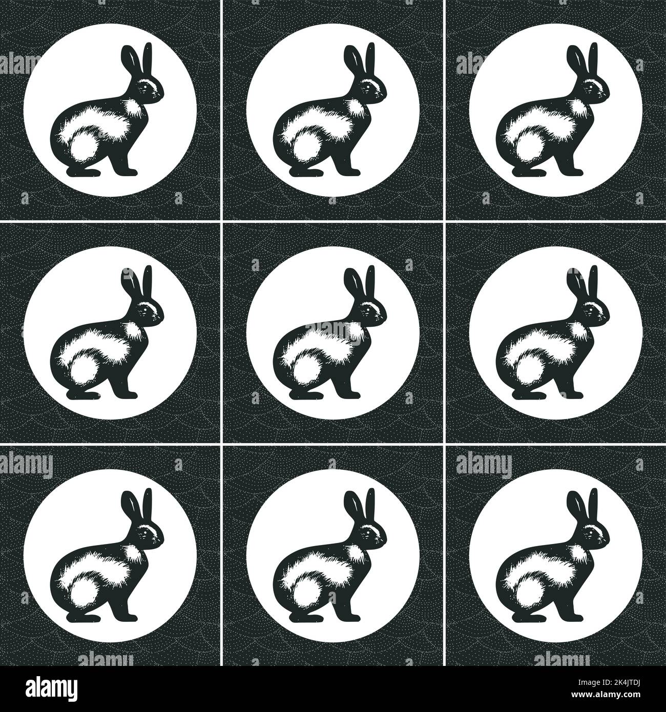 New Year's vector seamless pattern with black rabbits, in circles