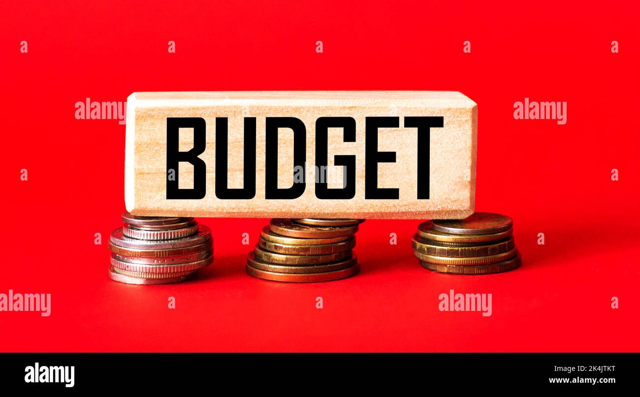 The word BUDGET on a wooden block and coins on a red background Stock Photo