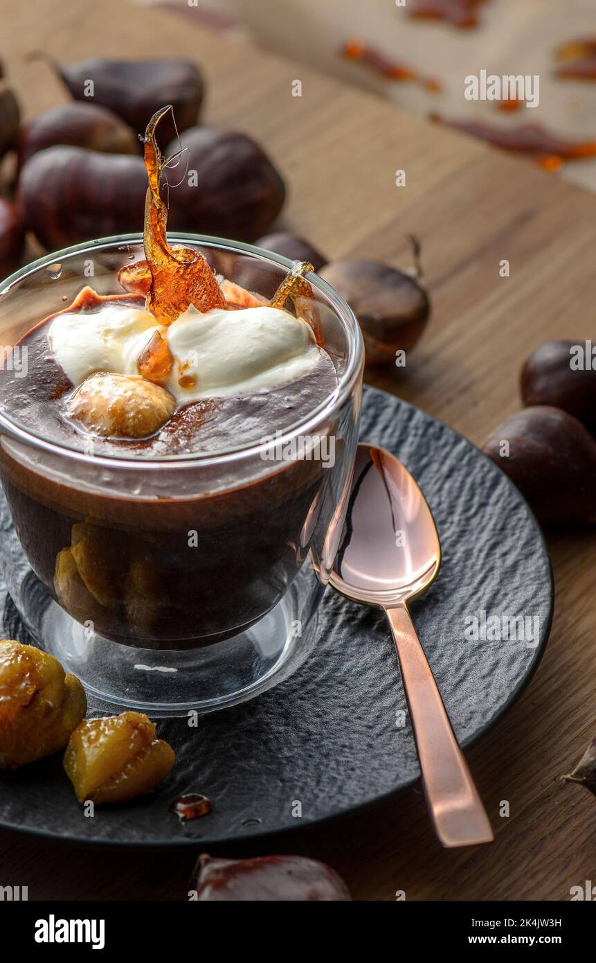 Chocolate mousse with chestnuts Stock Photo