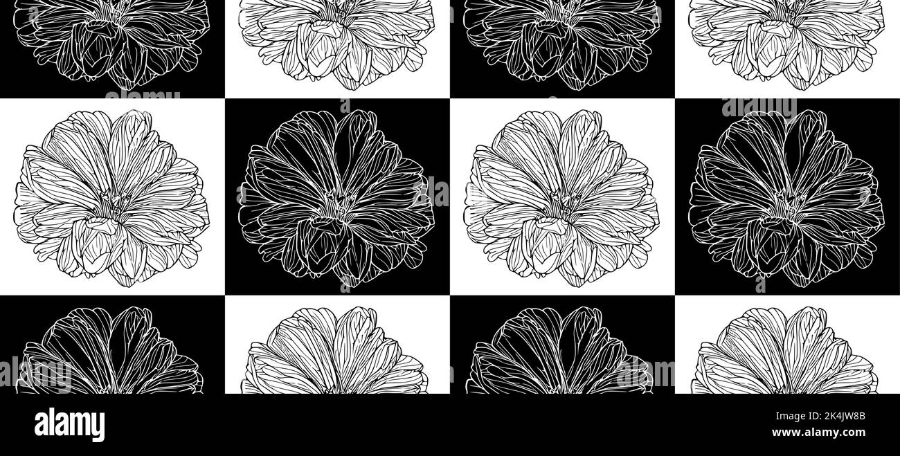 Seamless vector line art pattern made of black and white blooming flowers, checkerboard coloring and arrangement Stock Vector